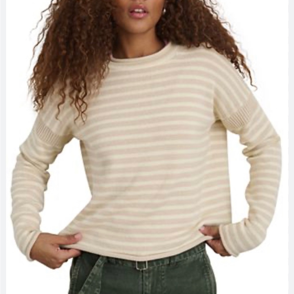 Alex Mill Cream and White Striped Lightweight Crewneck Sweater